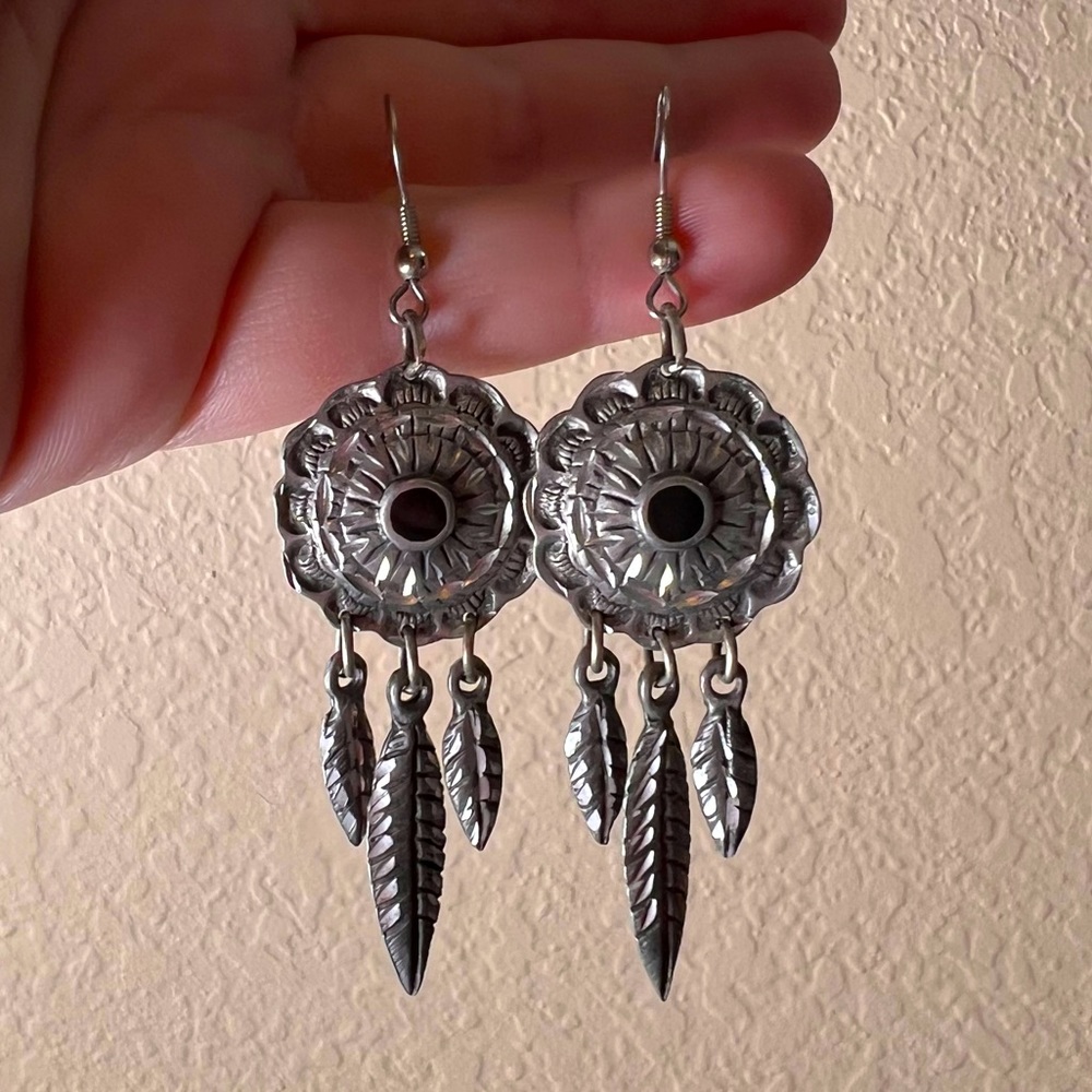 Vintage Round Dangle Concho Earrings, Dream Catcher, Pewter, Feathers, Southwest